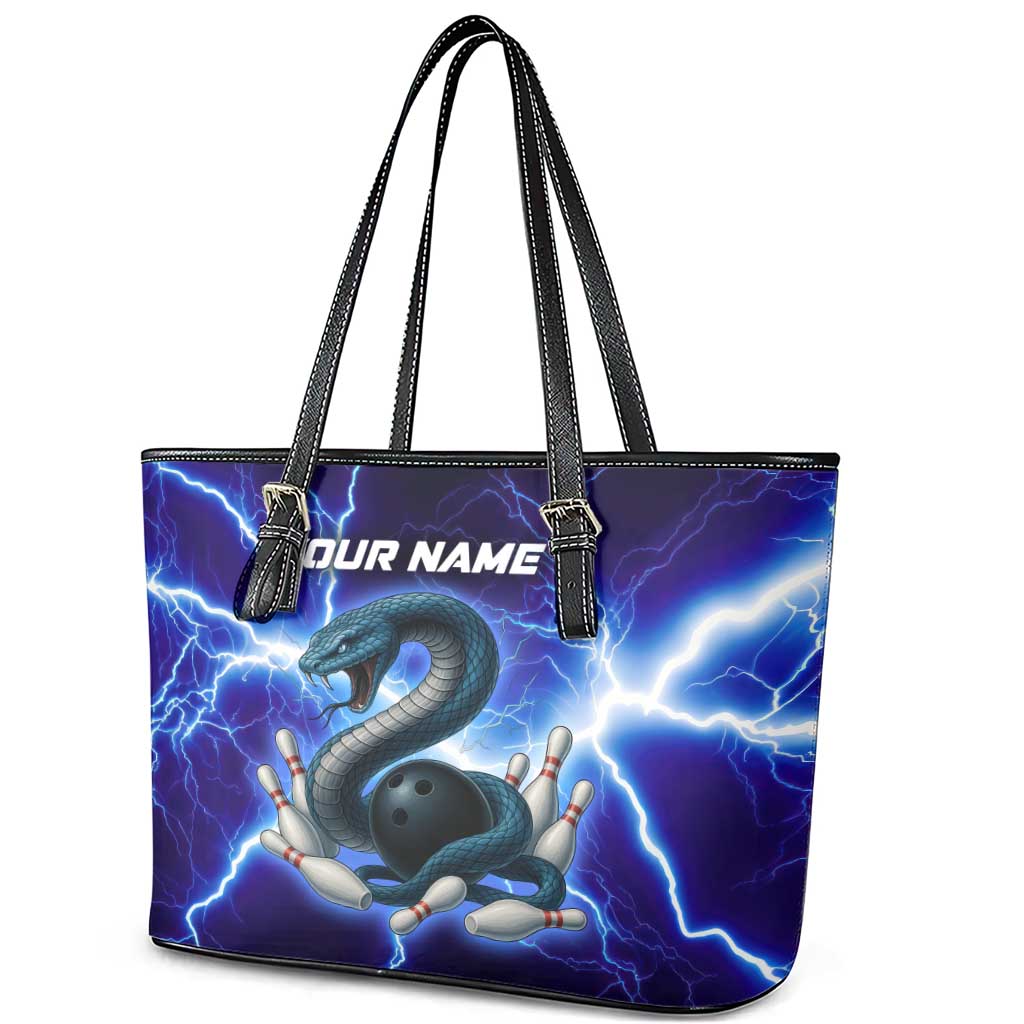 Snake and Bowling Ball Design Leather Tote Bag with Lightning Background and Custom Team Name Text - Wonder Print Shop