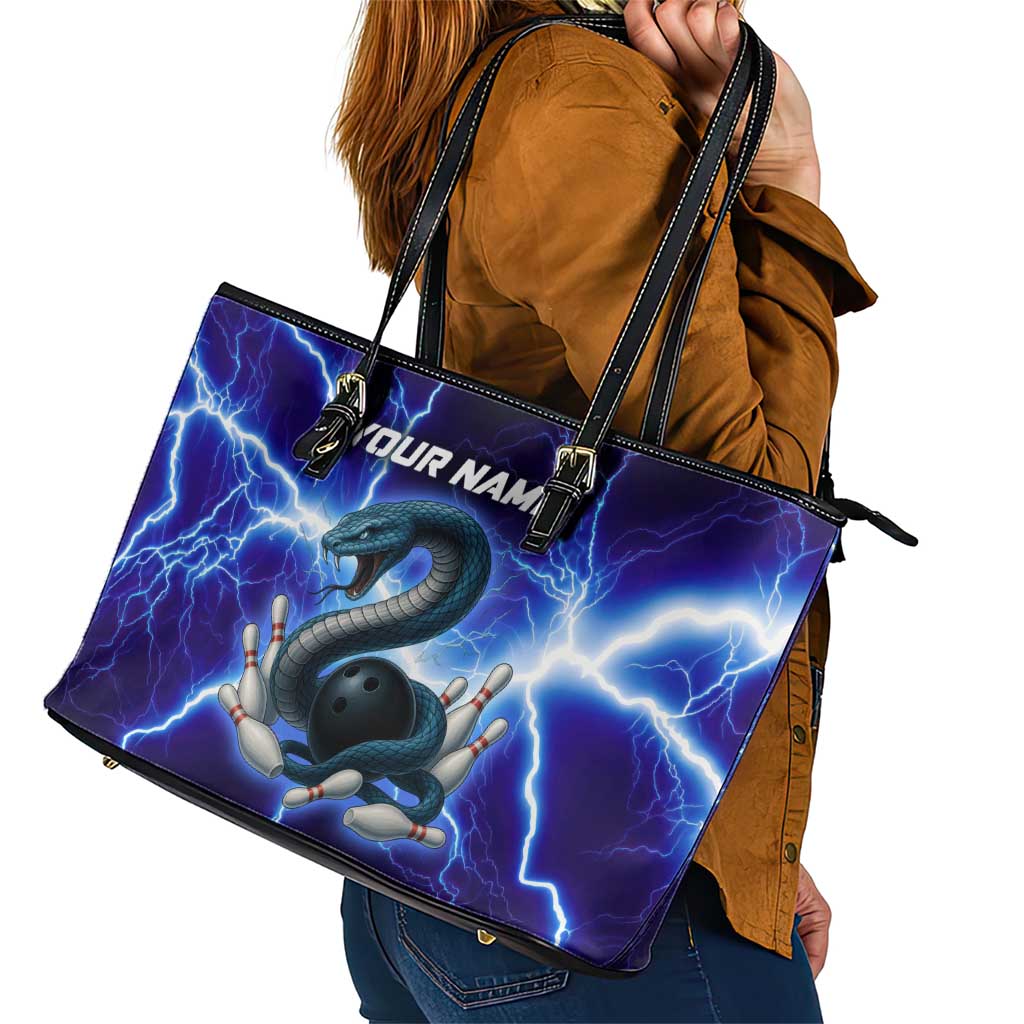 Snake and Bowling Ball Design Leather Tote Bag with Lightning Background and Custom Team Name Text - Wonder Print Shop