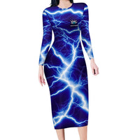 Snake and Bowling Ball Design Long Sleeve Bodycon Dress with Lightning Background and Custom Team Name Text - Wonder Print Shop