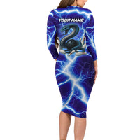 Snake and Bowling Ball Design Long Sleeve Bodycon Dress with Lightning Background and Custom Team Name Text - Wonder Print Shop