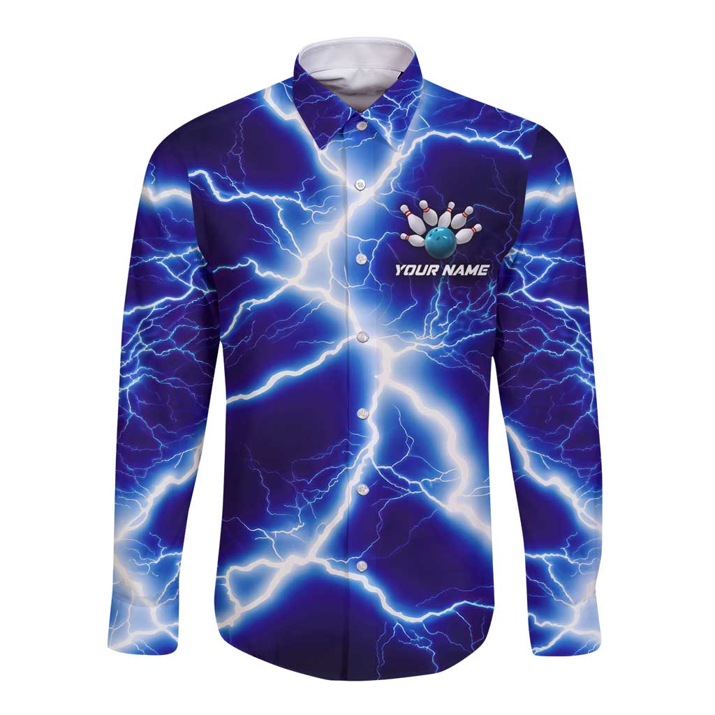 Snake and Bowling Ball Design Long Sleeve Button Shirt with Lightning Background and Custom Team Name Text - Wonder Print Shop