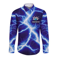 Snake and Bowling Ball Design Long Sleeve Button Shirt with Lightning Background and Custom Team Name Text - Wonder Print Shop