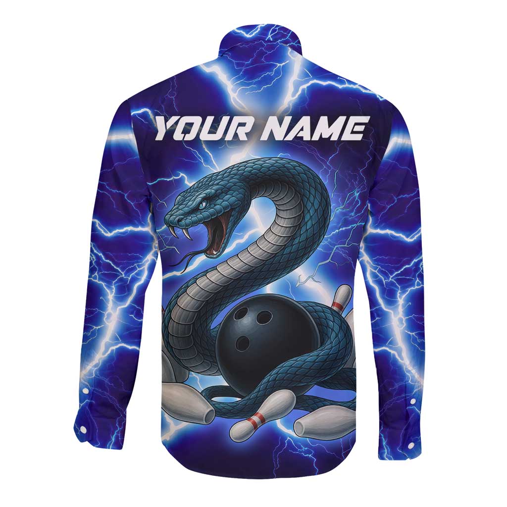 Snake and Bowling Ball Design Long Sleeve Button Shirt with Lightning Background and Custom Team Name Text - Wonder Print Shop