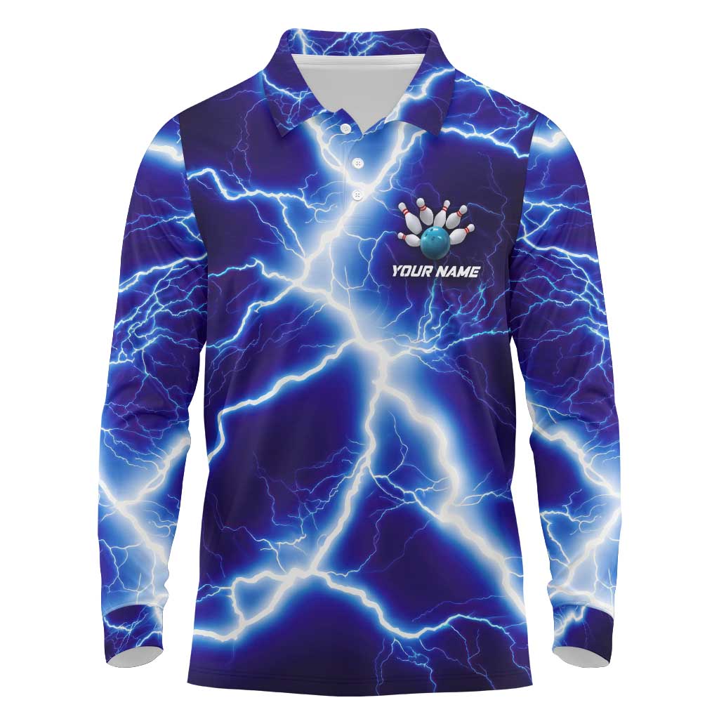 Snake and Bowling Ball Design Long Sleeve Polo Shirt with Lightning Background and Custom Team Name Text - Wonder Print Shop