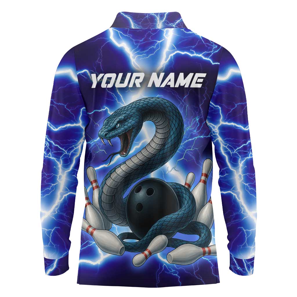 Snake and Bowling Ball Design Long Sleeve Polo Shirt with Lightning Background and Custom Team Name Text - Wonder Print Shop