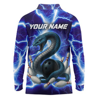 Snake and Bowling Ball Design Long Sleeve Polo Shirt with Lightning Background and Custom Team Name Text - Wonder Print Shop