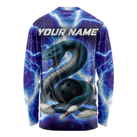 Snake and Bowling Ball Design Long Sleeve Shirt with Lightning Background and Custom Team Name Text - Wonder Print Shop