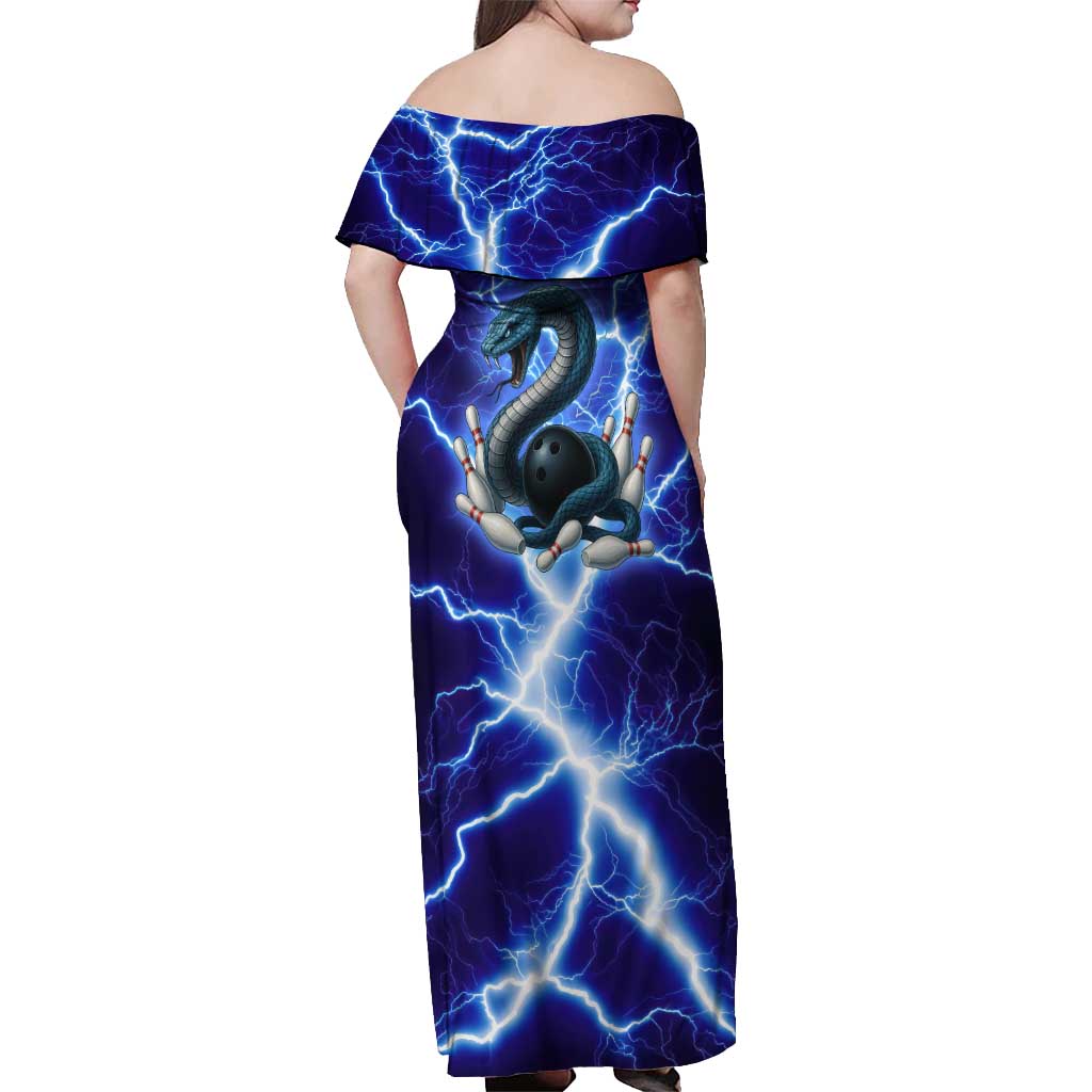 Snake and Bowling Ball Design Off Shoulder Maxi Dress with Lightning Background and Custom Team Name Text - Wonder Print Shop