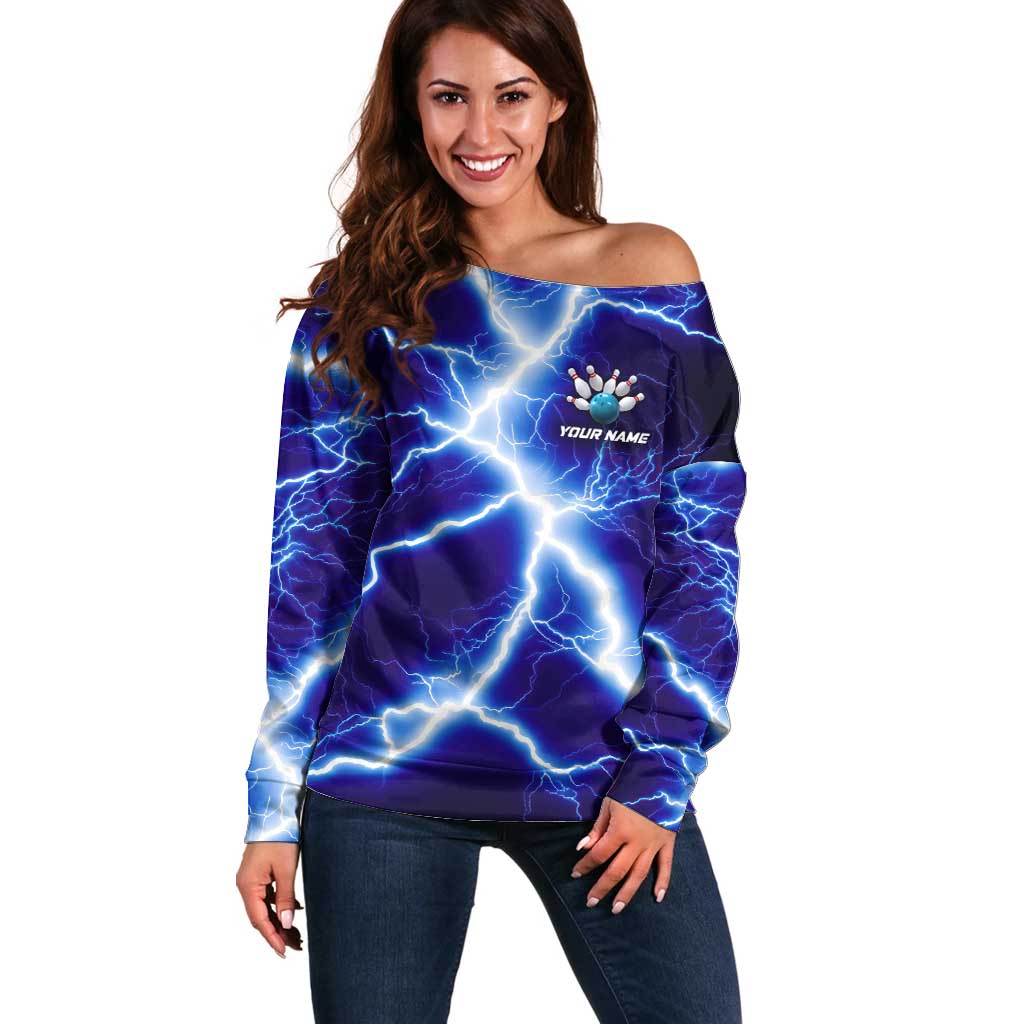Snake and Bowling Ball Design Off Shoulder Sweater with Lightning Background and Custom Team Name Text - Wonder Print Shop