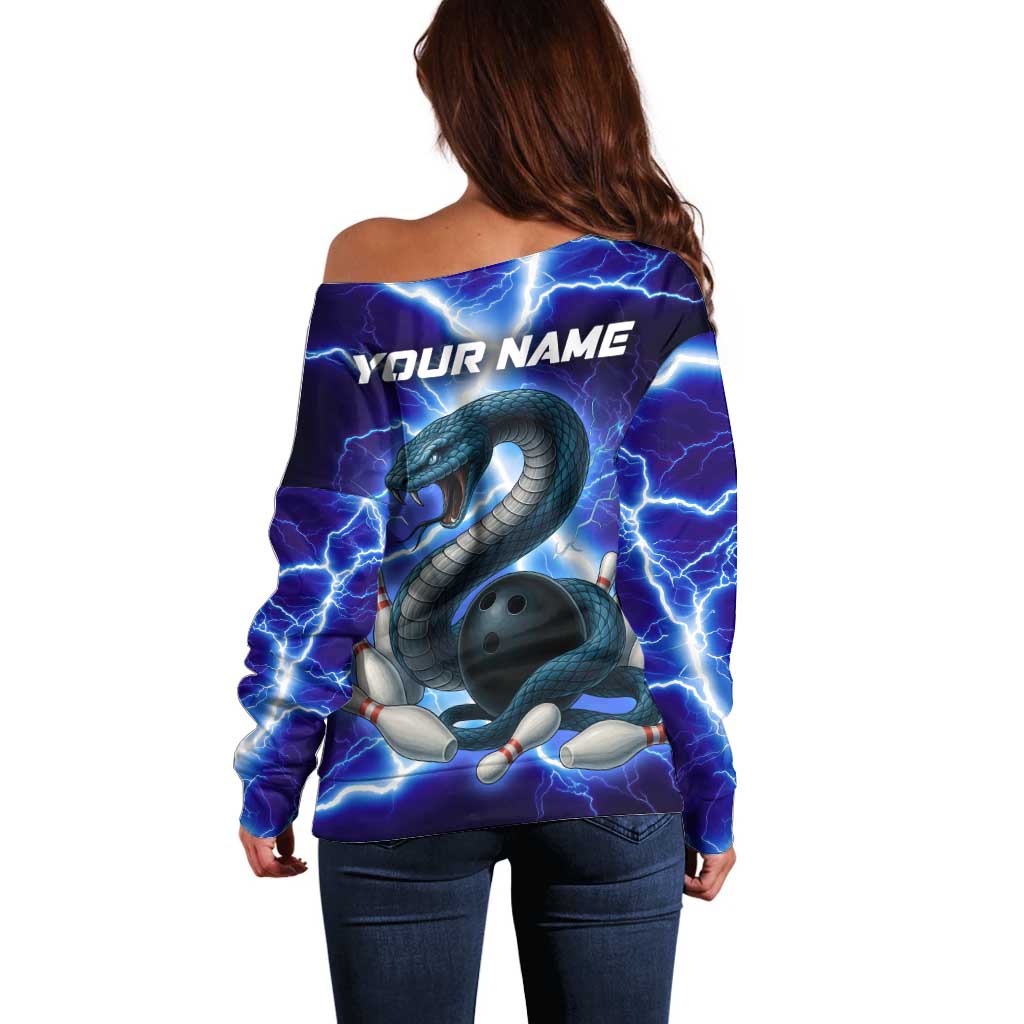 Snake and Bowling Ball Design Off Shoulder Sweater with Lightning Background and Custom Team Name Text - Wonder Print Shop