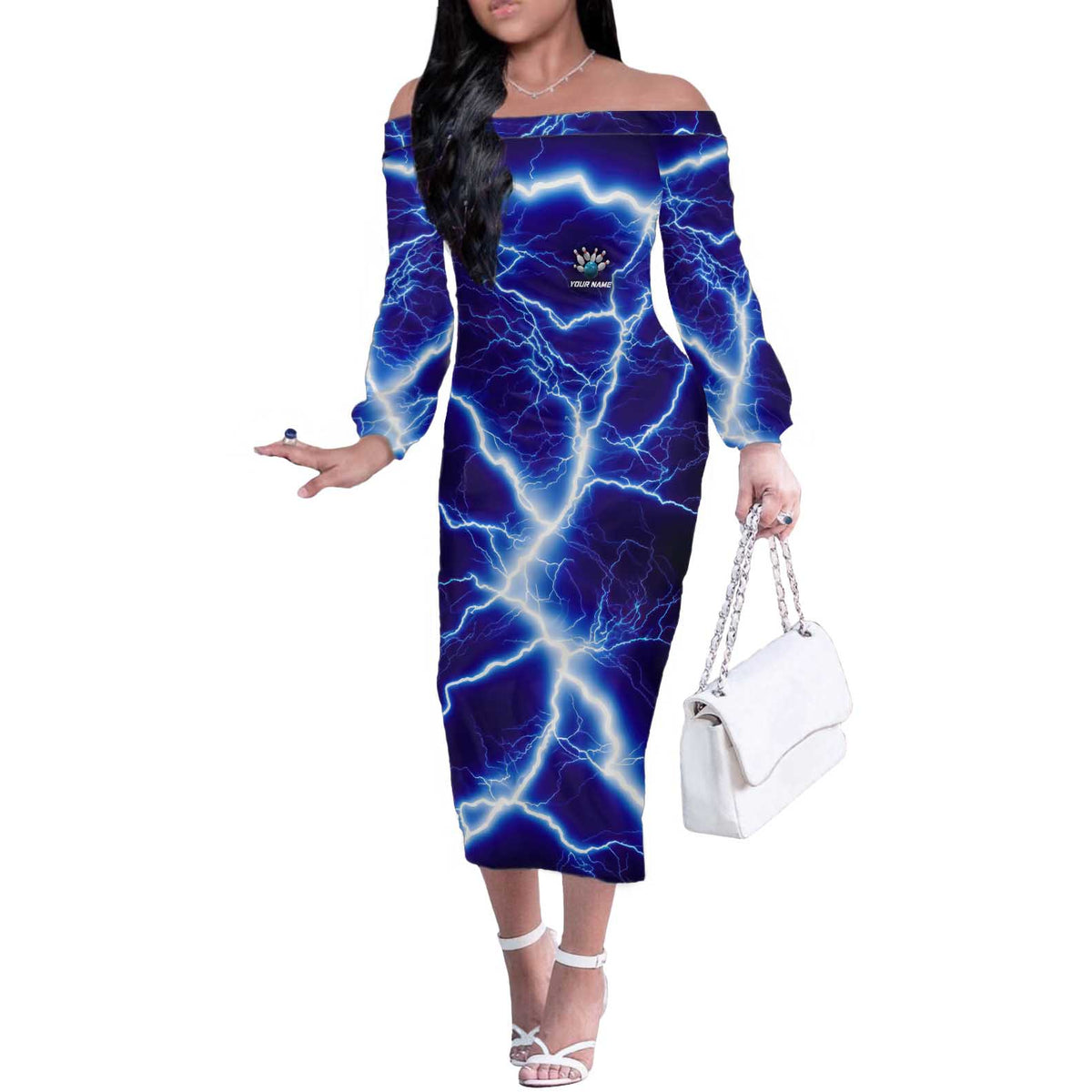 Snake and Bowling Ball Design Off The Shoulder Long Sleeve Dress with Lightning Background and Custom Team Name Text - Wonder Print Shop