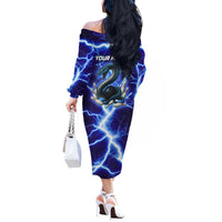 Snake and Bowling Ball Design Off The Shoulder Long Sleeve Dress with Lightning Background and Custom Team Name Text - Wonder Print Shop
