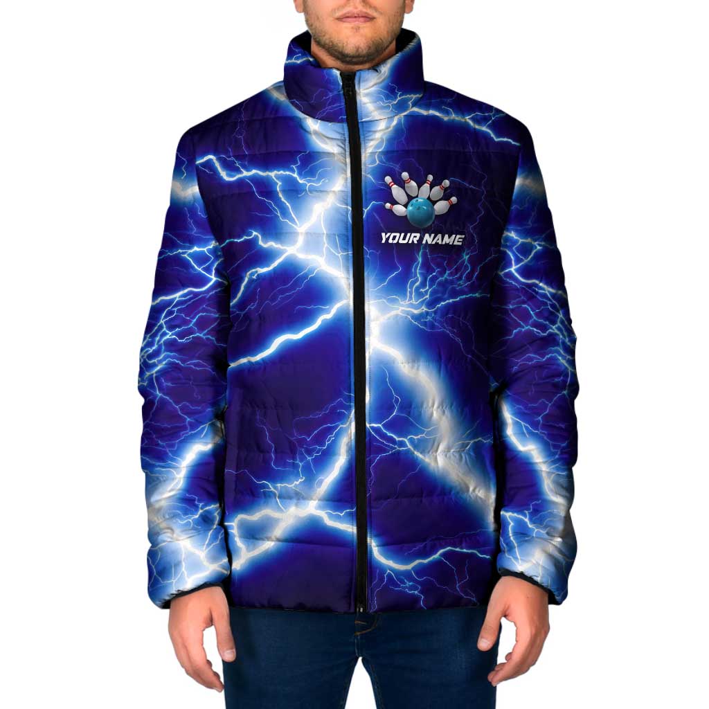 Snake and Bowling Ball Design Padded Jacket with Lightning Background and Custom Team Name Text - Wonder Print Shop