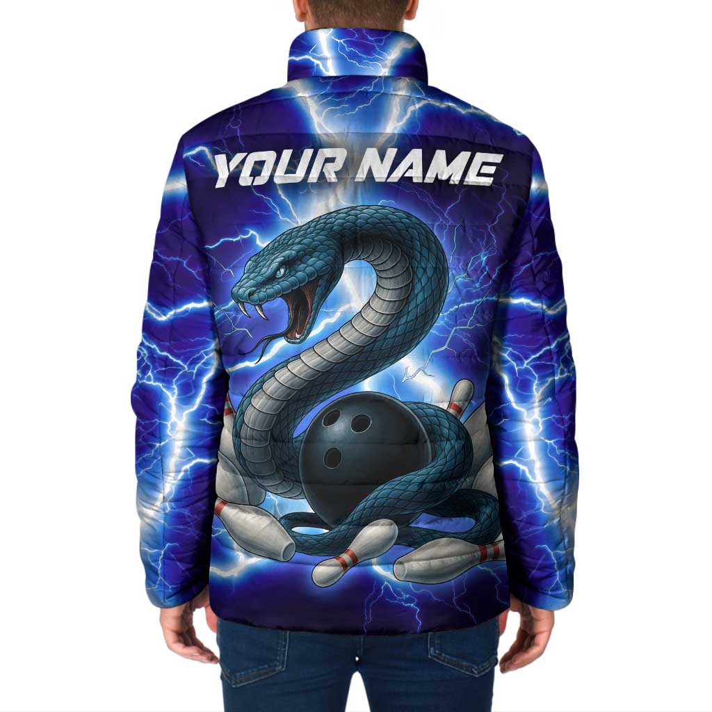Snake and Bowling Ball Design Padded Jacket with Lightning Background and Custom Team Name Text - Wonder Print Shop