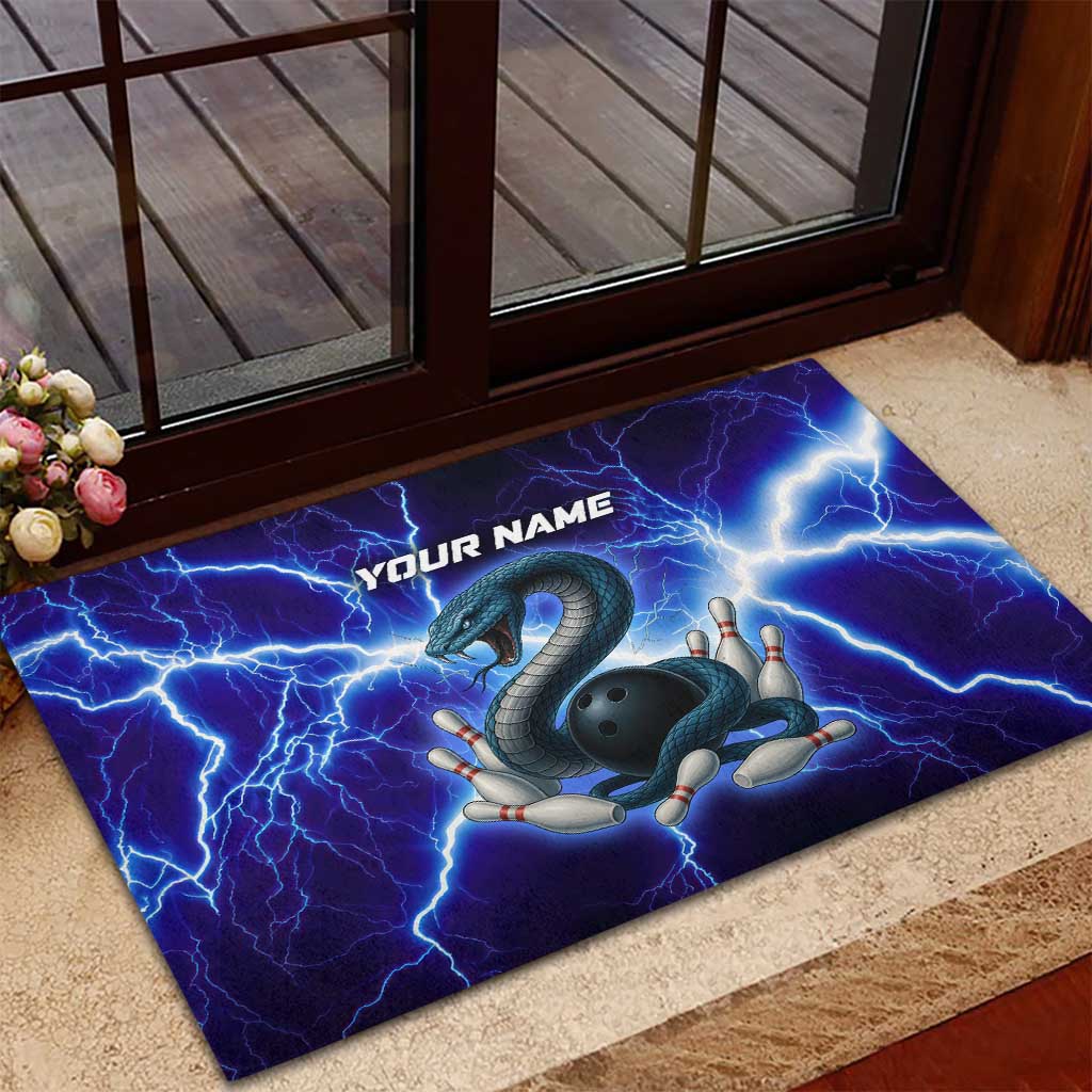 Snake and Bowling Ball Design Rubber Doormat with Lightning Background and Custom Team Name Text - Wonder Print Shop