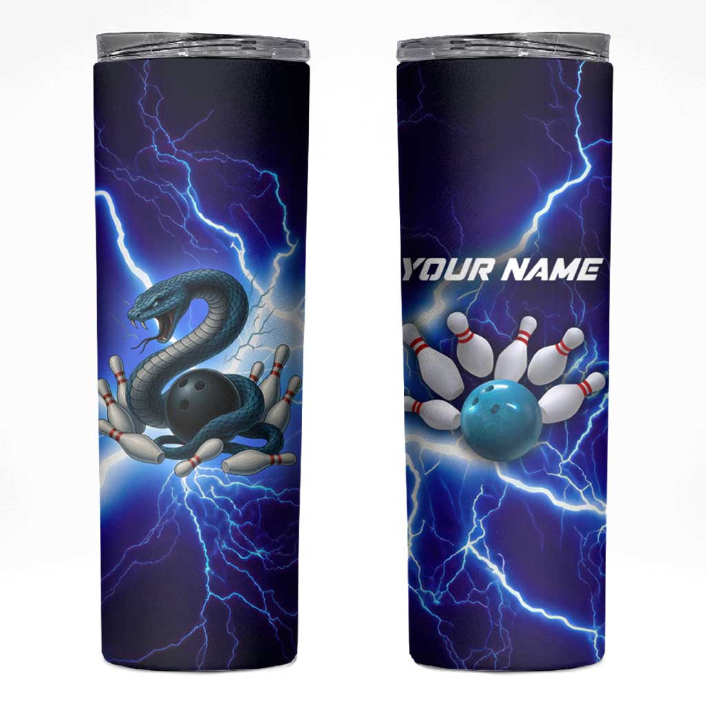 Snake and Bowling Ball Design Skinny Tumbler with Lightning Background and Custom Team Name Text - Wonder Print Shop