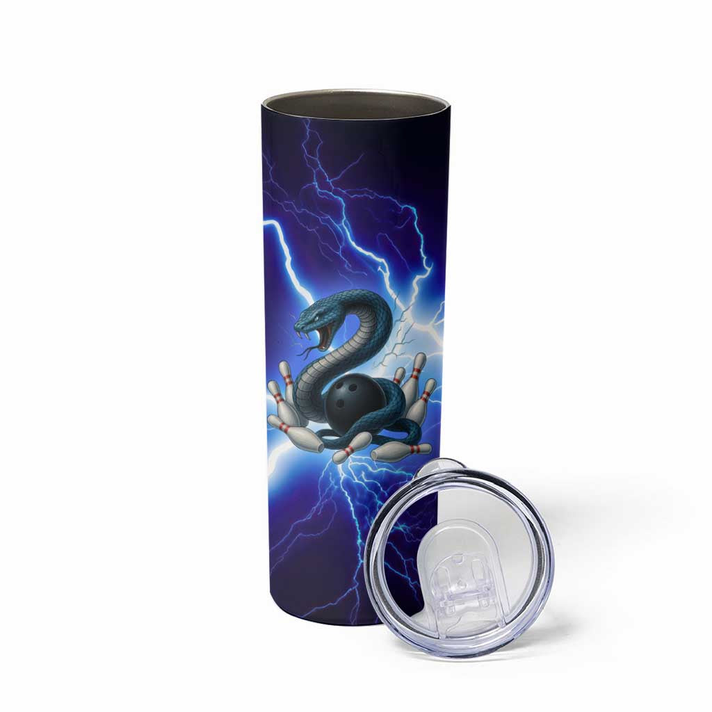 Snake and Bowling Ball Design Skinny Tumbler with Lightning Background and Custom Team Name Text - Wonder Print Shop
