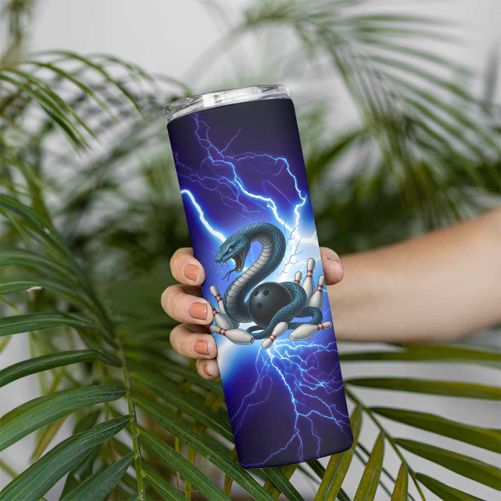 Snake and Bowling Ball Design Skinny Tumbler with Lightning Background and Custom Team Name Text - Wonder Print Shop