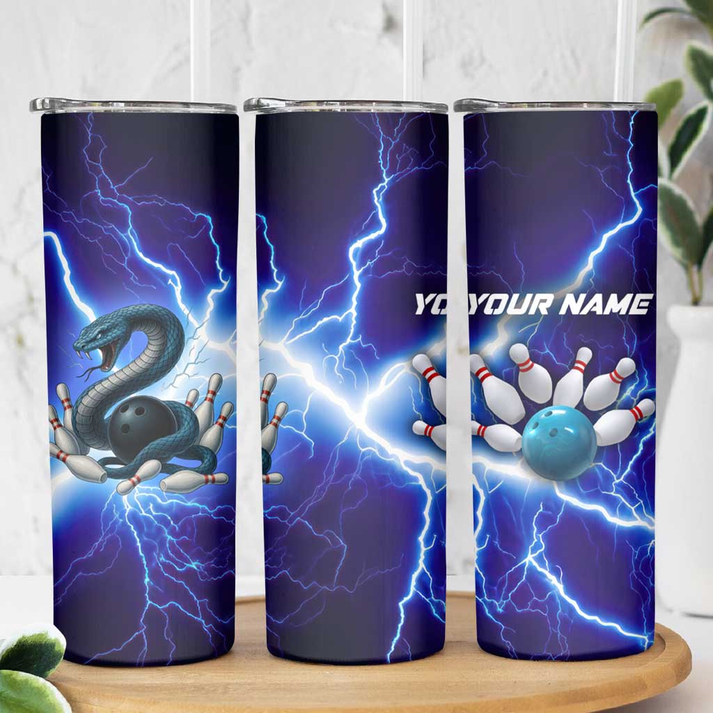 Snake and Bowling Ball Design Skinny Tumbler with Lightning Background and Custom Team Name Text - Wonder Print Shop