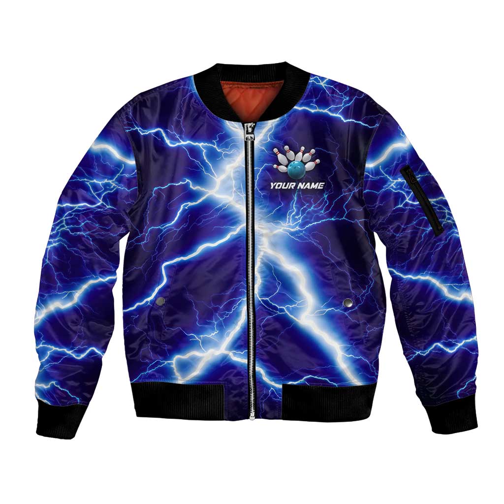 Snake and Bowling Ball Design Sleeve Zip Bomber Jacket with Lightning Background and Custom Team Name Text - Wonder Print Shop
