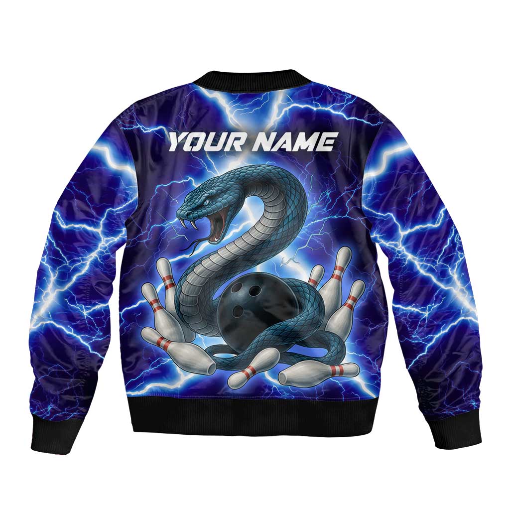 Snake and Bowling Ball Design Sleeve Zip Bomber Jacket with Lightning Background and Custom Team Name Text - Wonder Print Shop