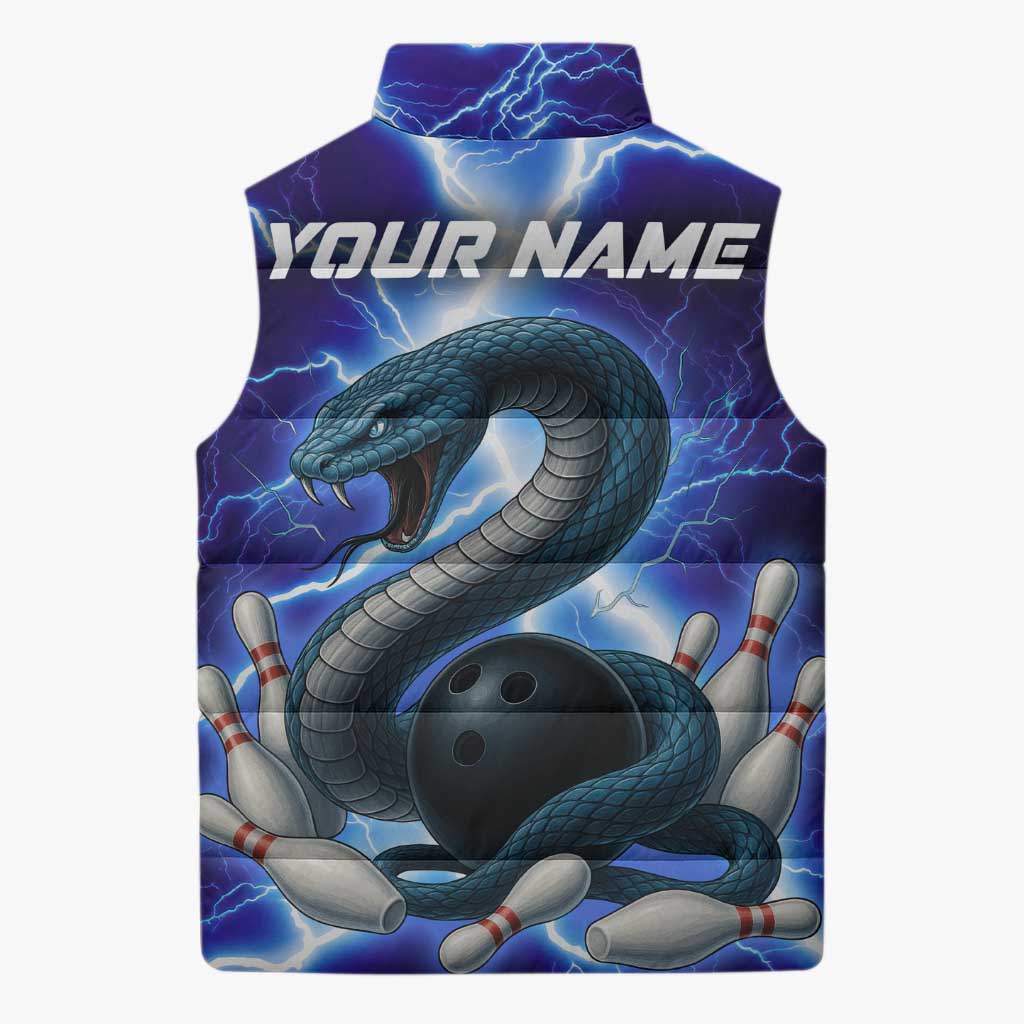 Snake and Bowling Ball Design Sleeveless Puffer Jacket with Lightning Background and Custom Team Name Text - Wonder Print Shop