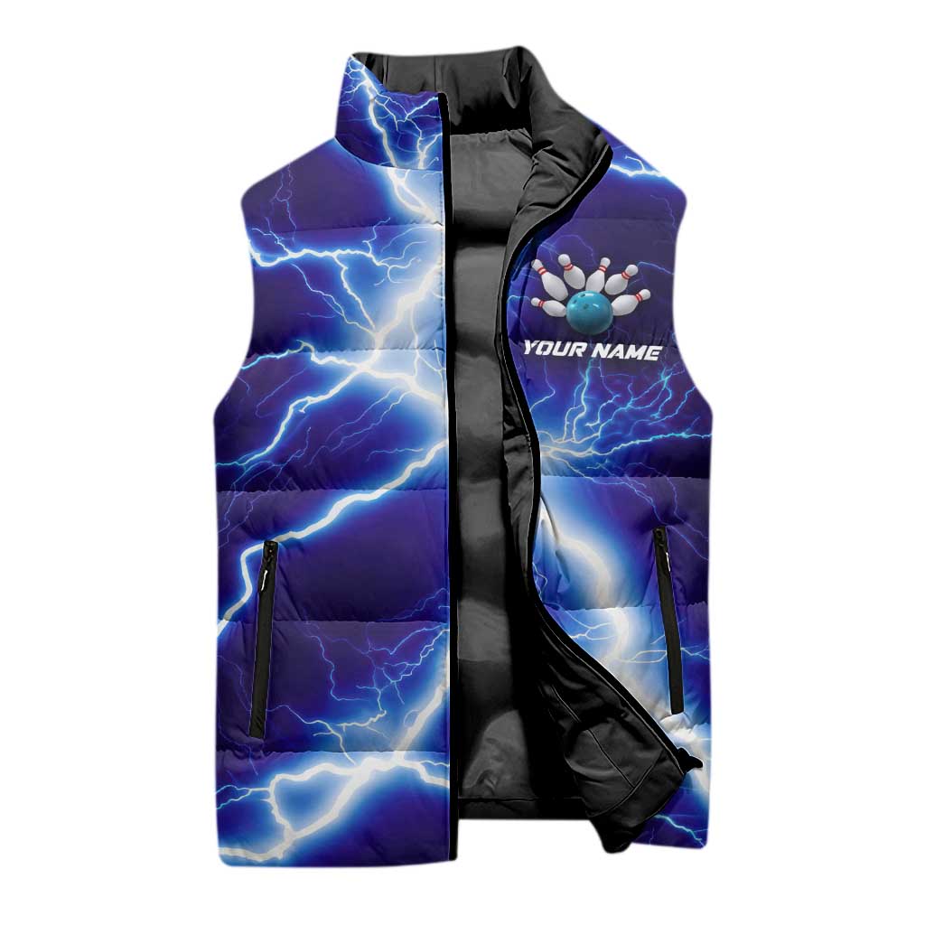 Snake and Bowling Ball Design Sleeveless Puffer Jacket with Lightning Background and Custom Team Name Text - Wonder Print Shop