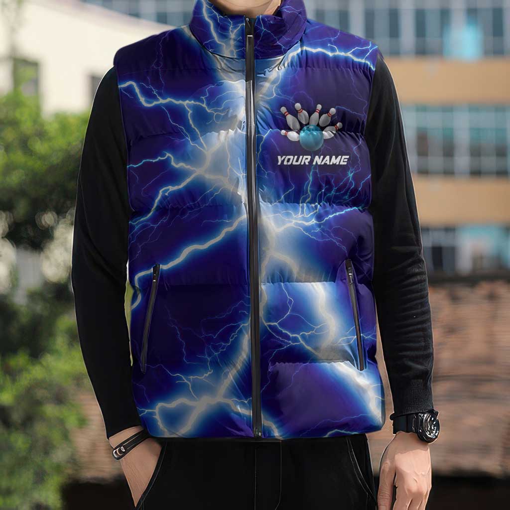 Snake and Bowling Ball Design Sleeveless Puffer Jacket with Lightning Background and Custom Team Name Text - Wonder Print Shop