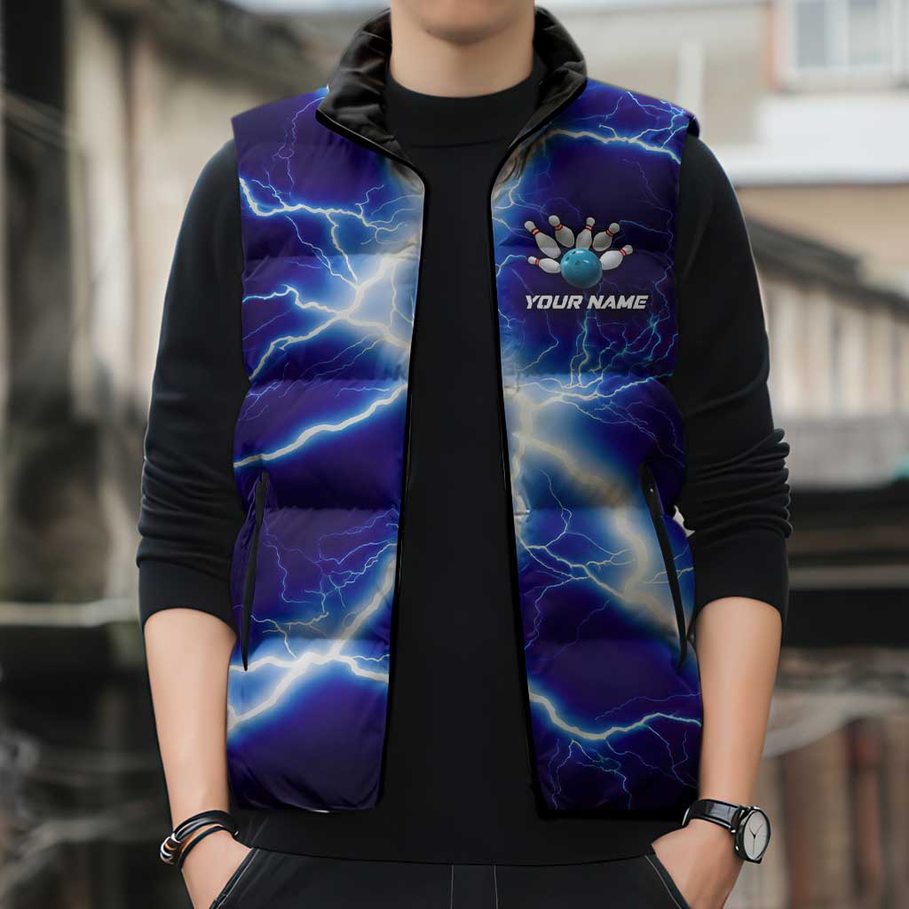 Snake and Bowling Ball Design Sleeveless Puffer Jacket with Lightning Background and Custom Team Name Text - Wonder Print Shop