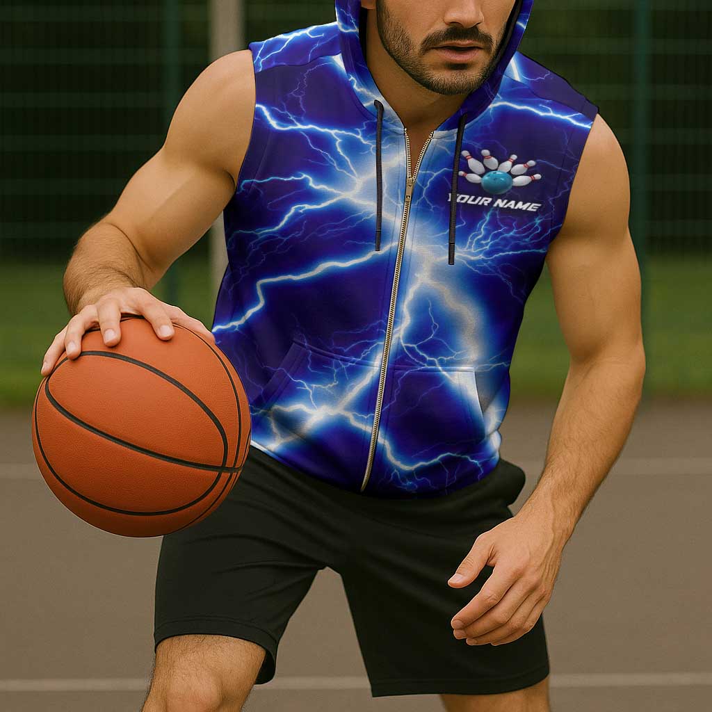 Snake and Bowling Ball Design Sleeveless Zip Hoodie with Lightning Background and Custom Team Name Text - Wonder Print Shop