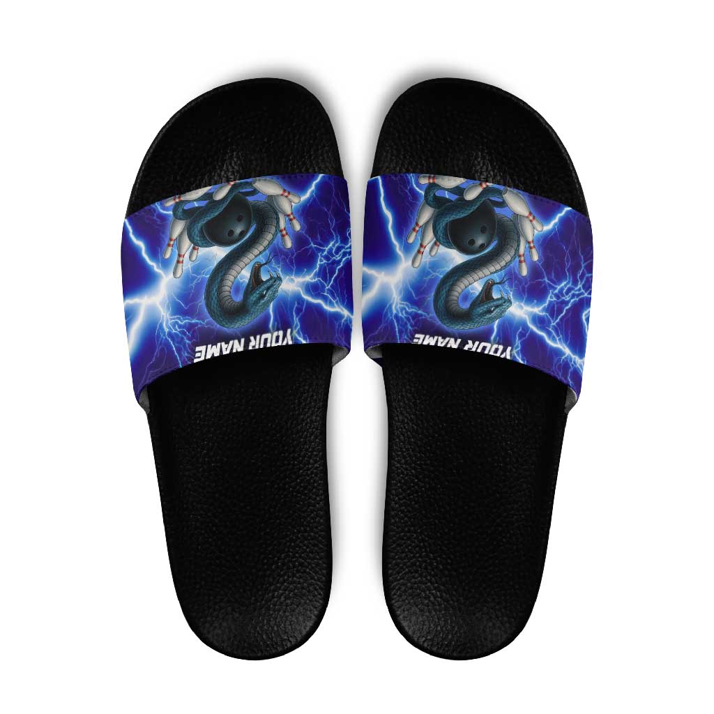 Snake and Bowling Ball Design Slide Sandals with Lightning Background and Custom Team Name Text - Wonder Print Shop
