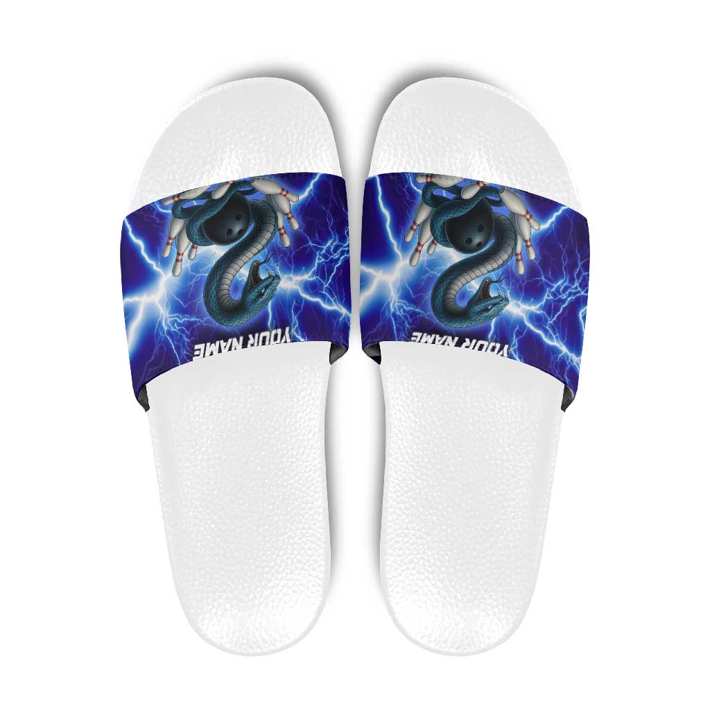 Snake and Bowling Ball Design Slide Sandals with Lightning Background and Custom Team Name Text - Wonder Print Shop