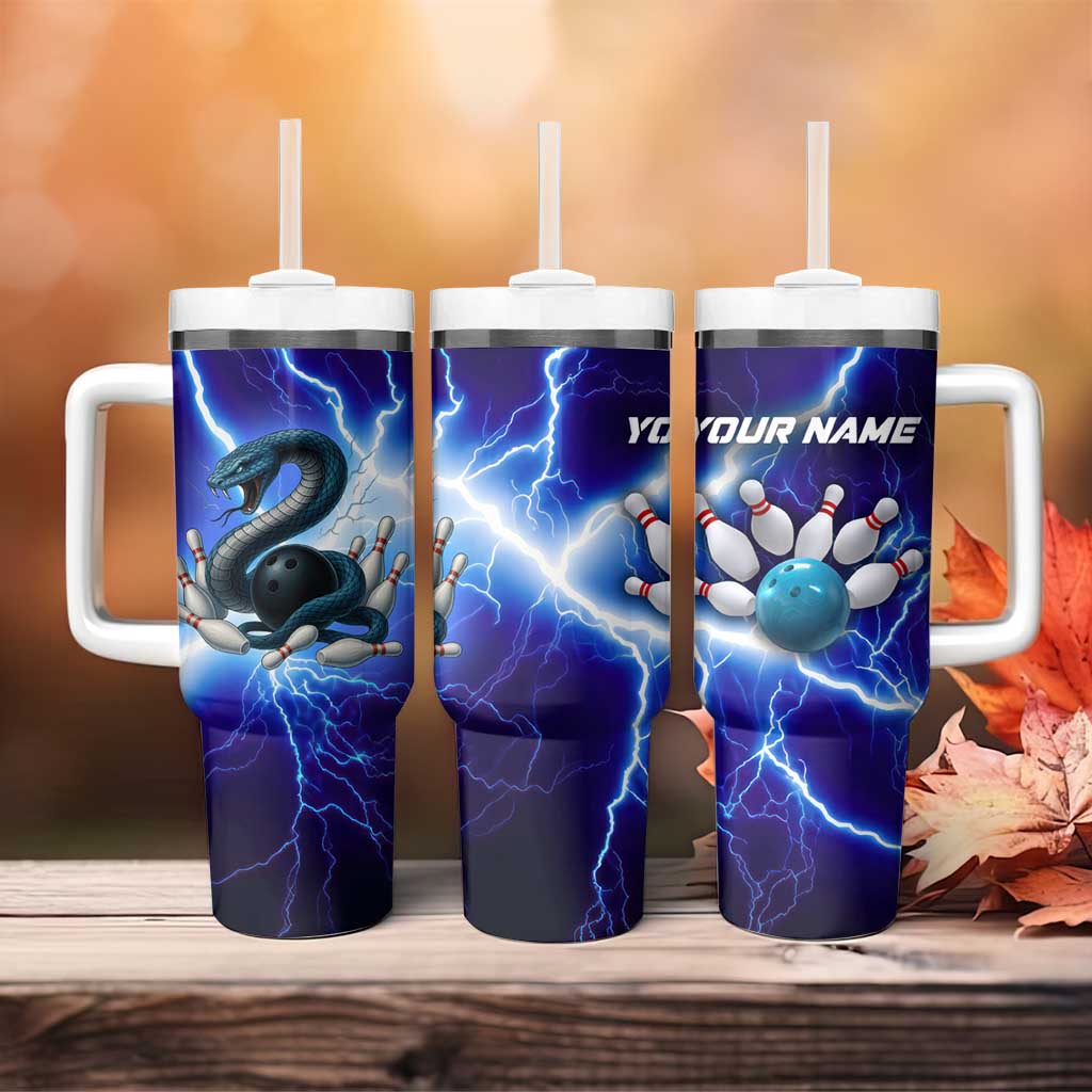 Snake and Bowling Ball Design Tumbler With Handle with Lightning Background and Custom Team Name Text - Wonder Print Shop