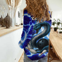 Snake and Bowling Ball Design Women Casual Shirt with Lightning Background and Custom Team Name Text - Wonder Print Shop