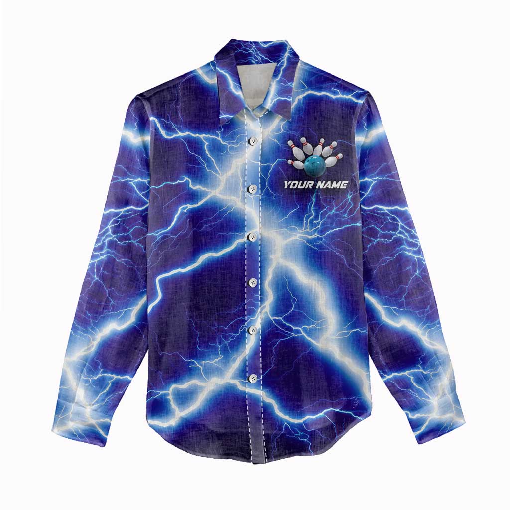 Snake and Bowling Ball Design Women Casual Shirt with Lightning Background and Custom Team Name Text - Wonder Print Shop