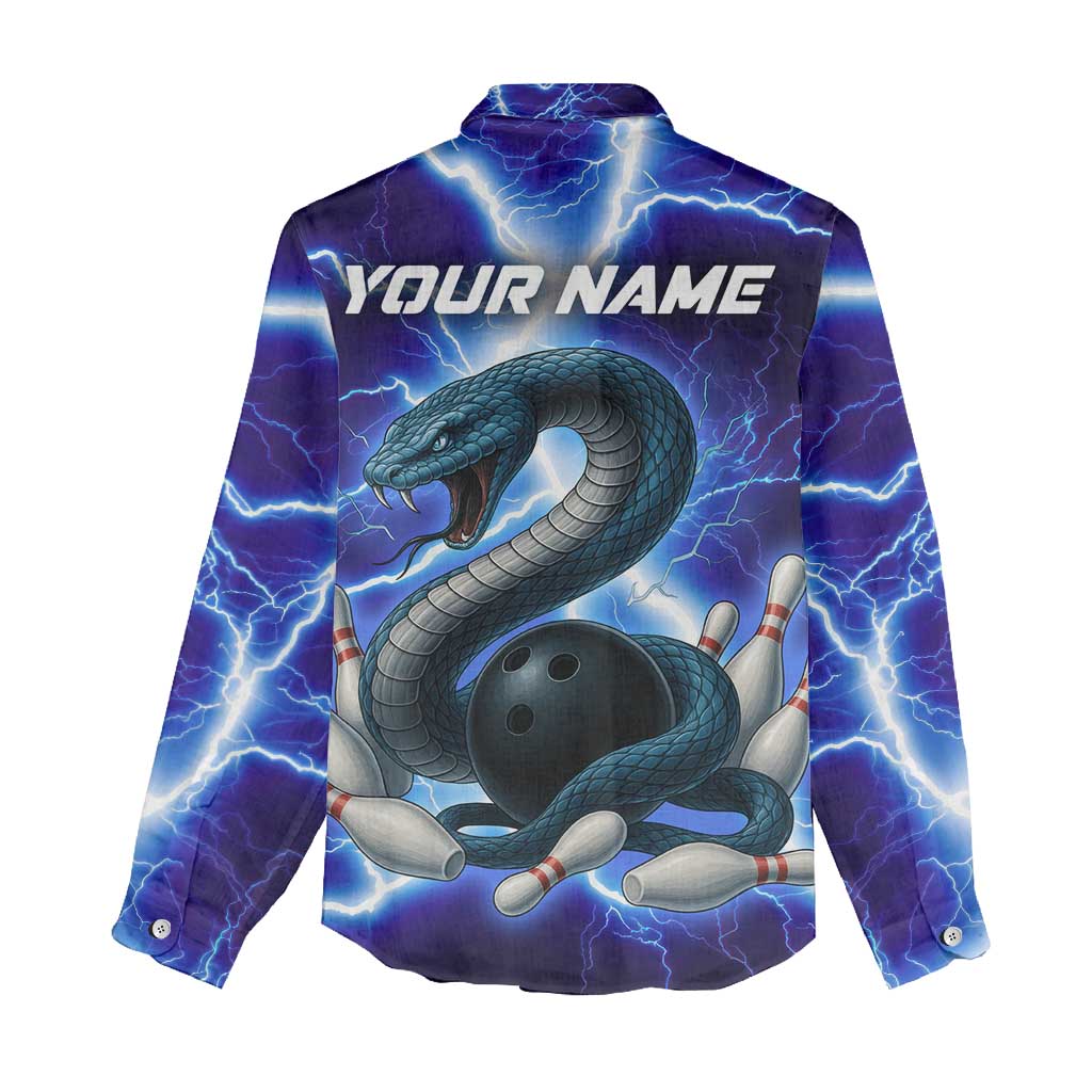 Snake and Bowling Ball Design Women Casual Shirt with Lightning Background and Custom Team Name Text - Wonder Print Shop