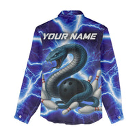 Snake and Bowling Ball Design Women Casual Shirt with Lightning Background and Custom Team Name Text - Wonder Print Shop