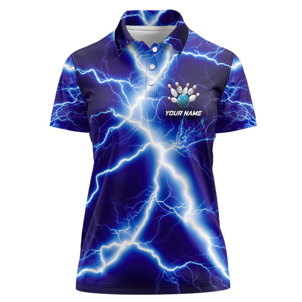 Snake and Bowling Ball Design Women Polo Shirt with Lightning Background and Custom Team Name Text - Wonder Print Shop