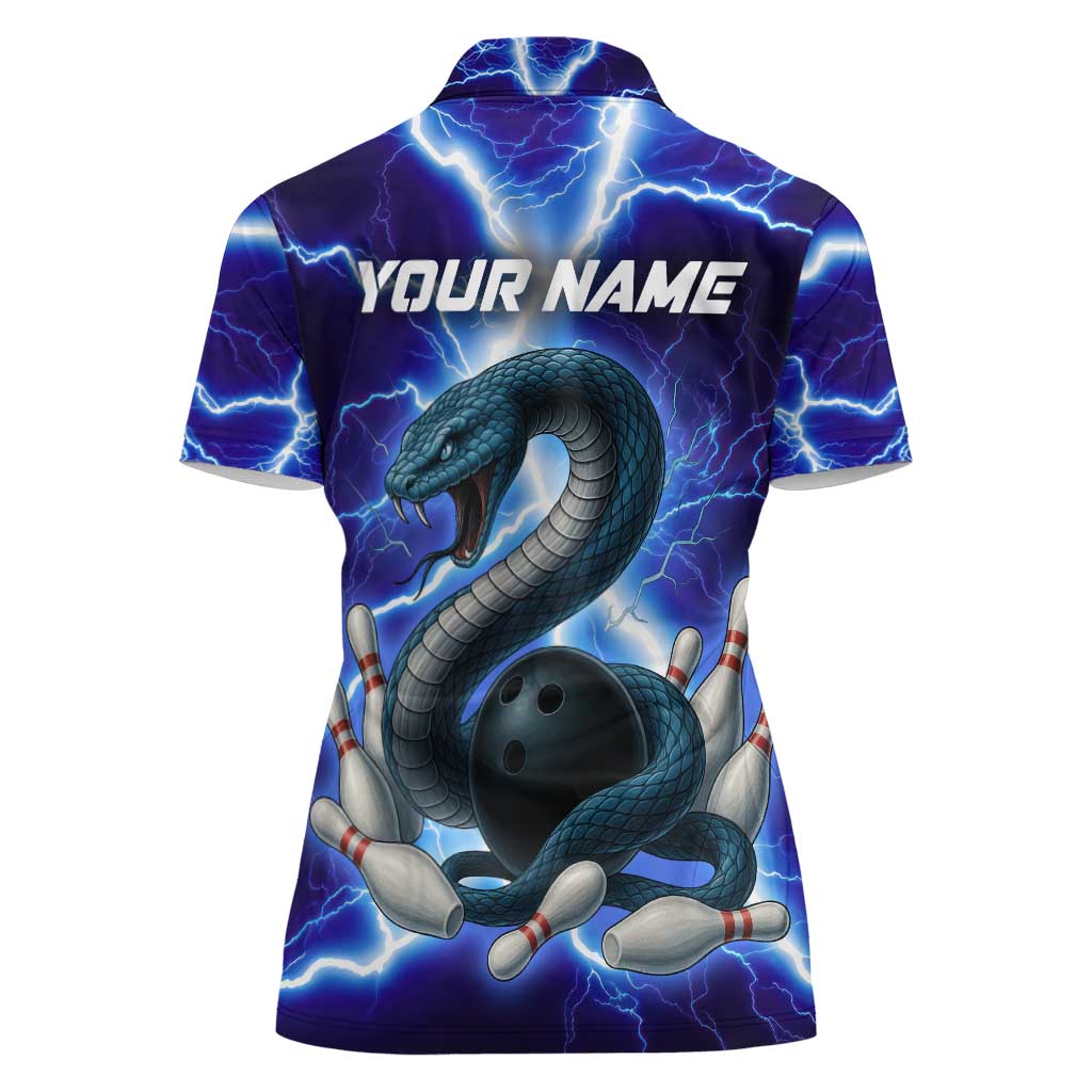 Snake and Bowling Ball Design Women Polo Shirt with Lightning Background and Custom Team Name Text - Wonder Print Shop