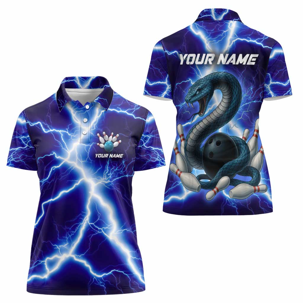 Snake and Bowling Ball Design Women Polo Shirt with Lightning Background and Custom Team Name Text - Wonder Print Shop