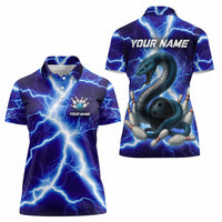 Snake and Bowling Ball Design Women Polo Shirt with Lightning Background and Custom Team Name Text - Wonder Print Shop