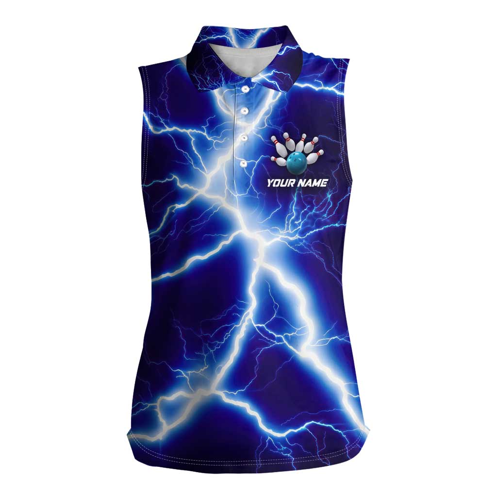 Snake and Bowling Ball Design Women Sleeveless Polo Shirt with Lightning Background and Custom Team Name Text - Wonder Print Shop