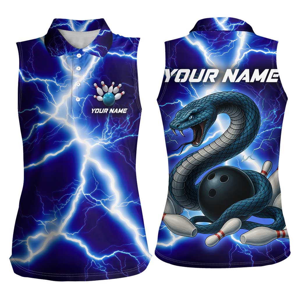 Snake and Bowling Ball Design Women Sleeveless Polo Shirt with Lightning Background and Custom Team Name Text - Wonder Print Shop