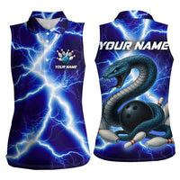 Snake and Bowling Ball Design Women Sleeveless Polo Shirt with Lightning Background and Custom Team Name Text - Wonder Print Shop