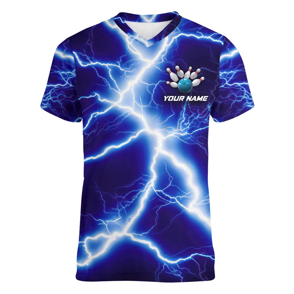 Snake and Bowling Ball Design Women V-Neck T-Shirt with Lightning Background and Custom Team Name Text - Wonder Print Shop