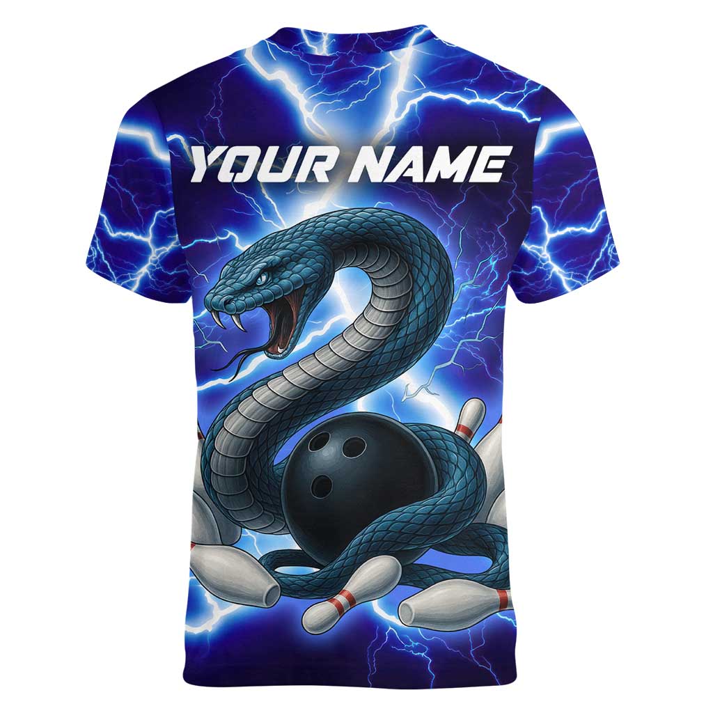 Snake and Bowling Ball Design Women V-Neck T-Shirt with Lightning Background and Custom Team Name Text - Wonder Print Shop