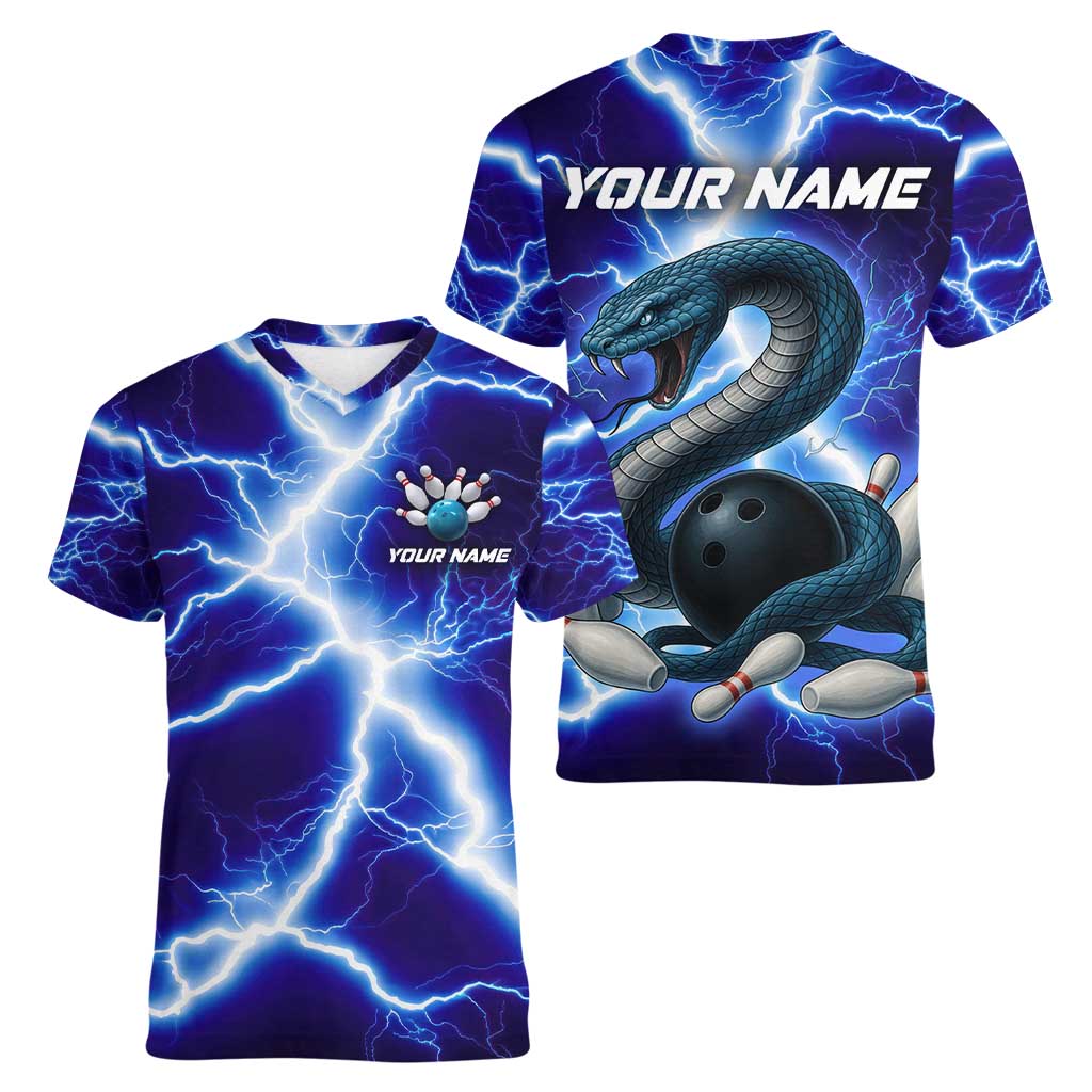 Snake and Bowling Ball Design Women V-Neck T-Shirt with Lightning Background and Custom Team Name Text - Wonder Print Shop
