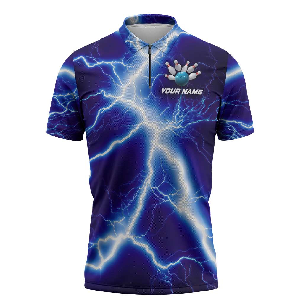 Snake and Bowling Ball Design Zipper Polo Shirt with Lightning Background and Custom Team Name Text - Wonder Print Shop