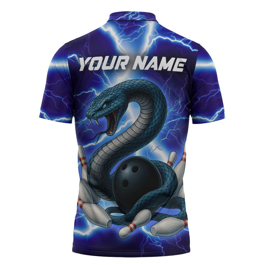 Snake and Bowling Ball Design Zipper Polo Shirt with Lightning Background and Custom Team Name Text - Wonder Print Shop