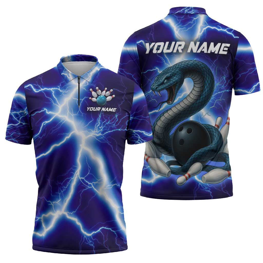 Snake and Bowling Ball Design Zipper Polo Shirt with Lightning Background and Custom Team Name Text - Wonder Print Shop